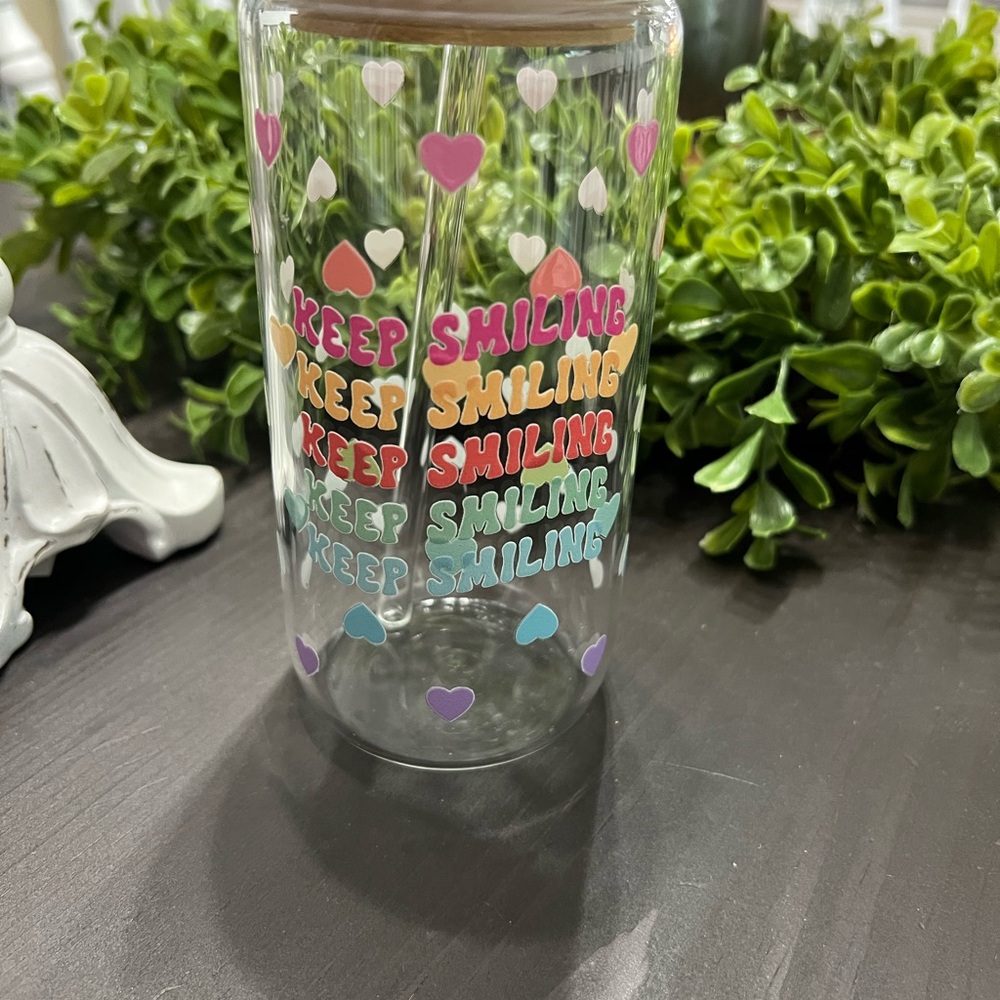 Colorful Heart Glass Tumbler with Bamboo Lid